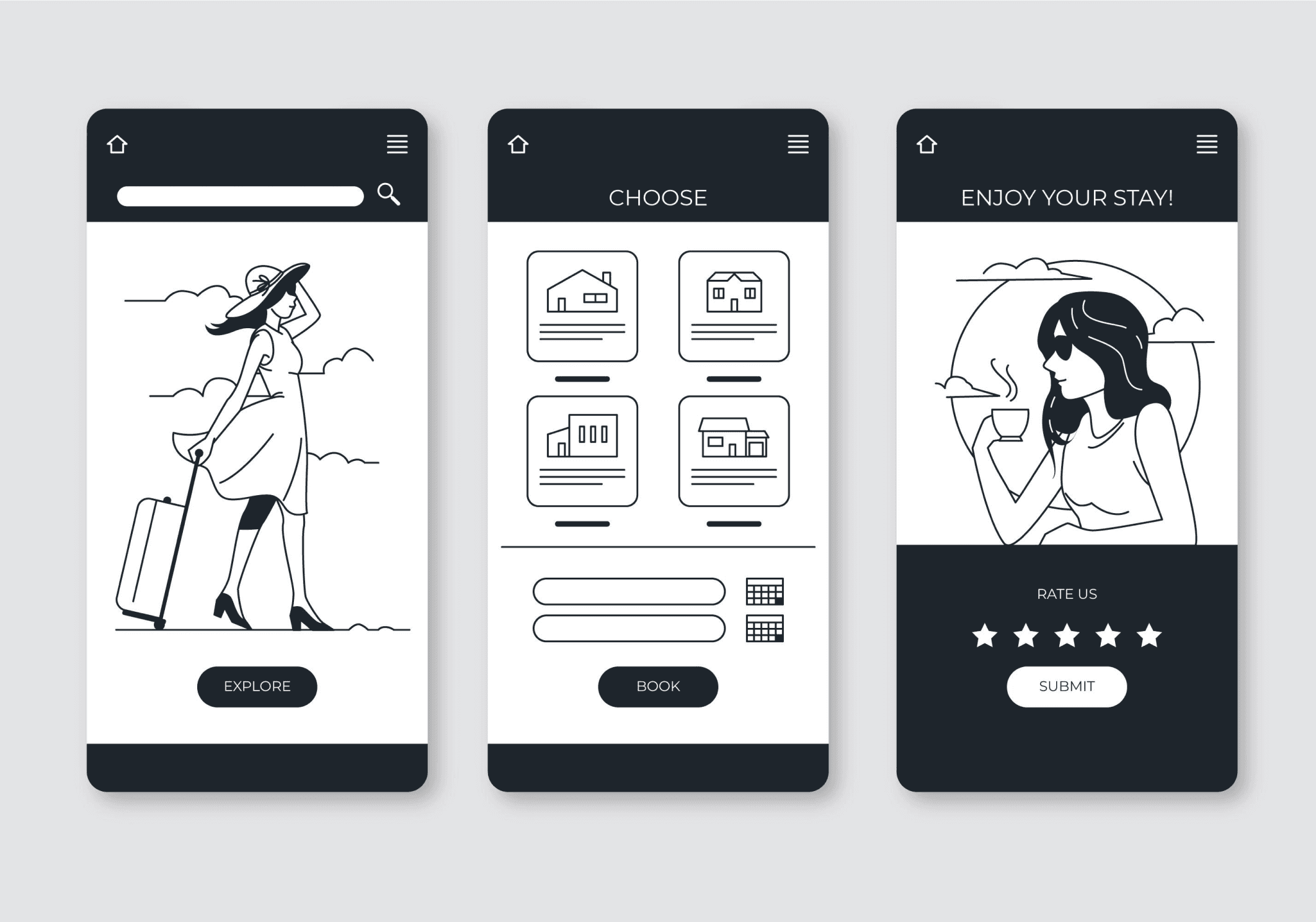 Three mobile devices with wireframes showing on its screen.